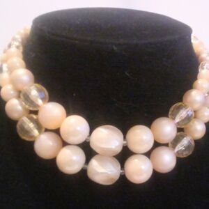 Vintage Mid Century Shades of Beige Multi Strand Beaded Choker Necklace